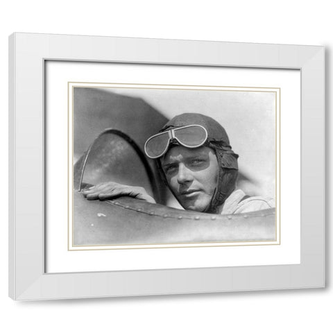 Charles Lindberg in Goggles White Modern Wood Framed Art Print with Double Matting by Vintage Photography