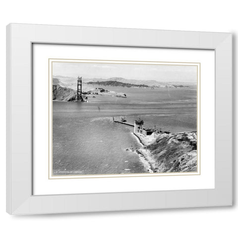 Construction of the Golden gate Bridge 1934 White Modern Wood Framed Art Print with Double Matting by Vintage Photography