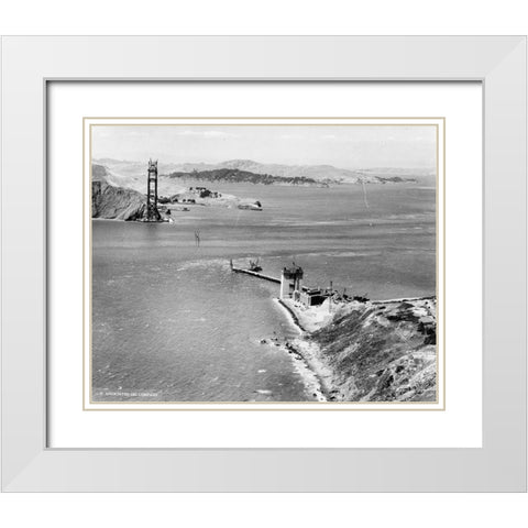 Construction of the Golden gate Bridge 1934 White Modern Wood Framed Art Print with Double Matting by Vintage Photography