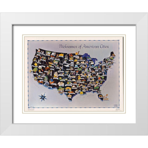 Nicknames of American Cities on US Map 1951 White Modern Wood Framed Art Print with Double Matting by Vintage Photography