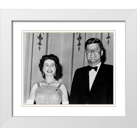 Queen Elizabeth II and President John Kennedy 1961 White Modern Wood Framed Art Print with Double Matting by Vintage Photography