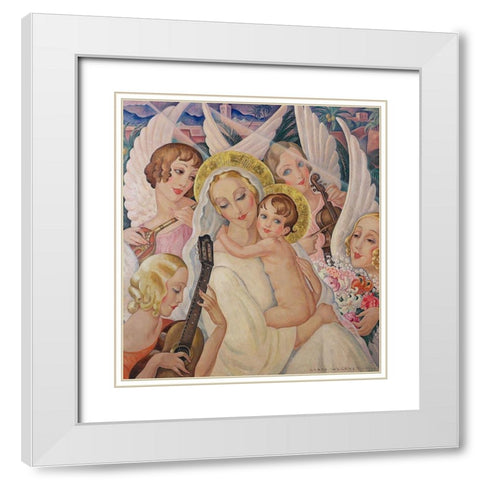 Madonna and child-surrounded by angels with musical instruments White Modern Wood Framed Art Print with Double Matting by Wegener, Gerda