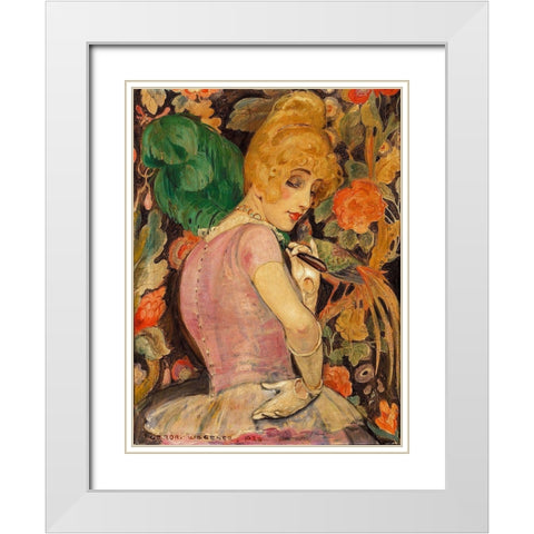 Portrait of Lili Elbe with a green feather fan White Modern Wood Framed Art Print with Double Matting by Wegener, Gerda