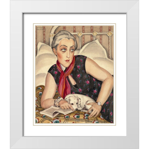 Portrait of reading woman with dog White Modern Wood Framed Art Print with Double Matting by Wegener, Gerda