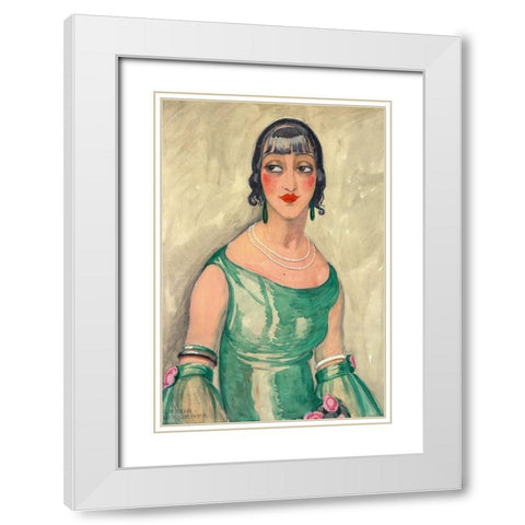 Portrait of woman in green dress and pearls White Modern Wood Framed Art Print with Double Matting by Wegener, Gerda