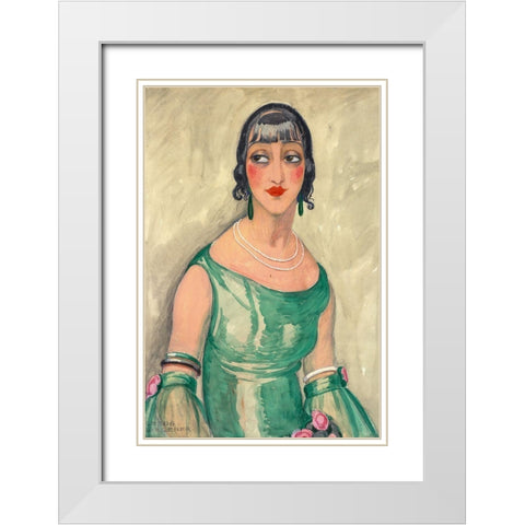 Portrait of woman in green dress and pearls White Modern Wood Framed Art Print with Double Matting by Wegener, Gerda