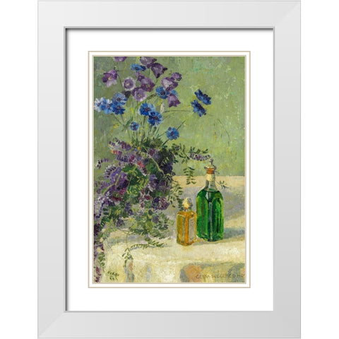 Still life with blue flowers and two bottles on a table White Modern Wood Framed Art Print with Double Matting by Wegener, Gerda