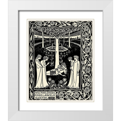 Morte DArthur 1893 - How Four Queens found Lancelot Sleeping White Modern Wood Framed Art Print with Double Matting by Beardsley, Aubrey
