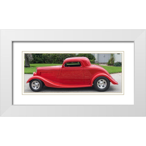 Classic Red Car White Modern Wood Framed Art Print with Double Matting by Vintage Photo Archive