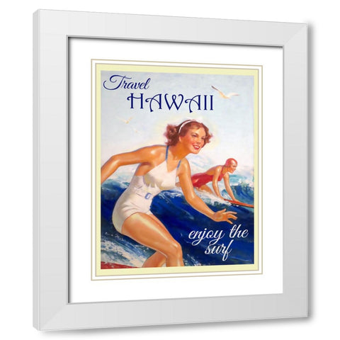 Hawaii Surfing Travel Poster White Modern Wood Framed Art Print with Double Matting by Vintage Travel Posters