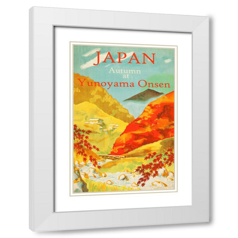 Autumn at Yunoyama Onsen Japanese Travel Poster White Modern Wood Framed Art Print with Double Matting by Vintage Travel Posters