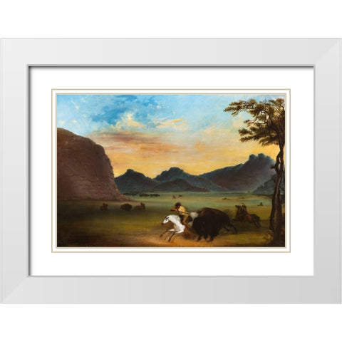 Buffalo Hunt White Modern Wood Framed Art Print with Double Matting by Miller, Alfred Jacob