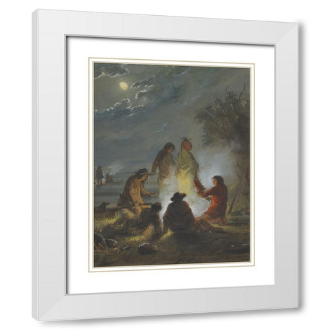 Camp Fire, Preparing the Evening Meal White Modern Wood Framed Art Print with Double Matting by Miller, Alfred Jacob