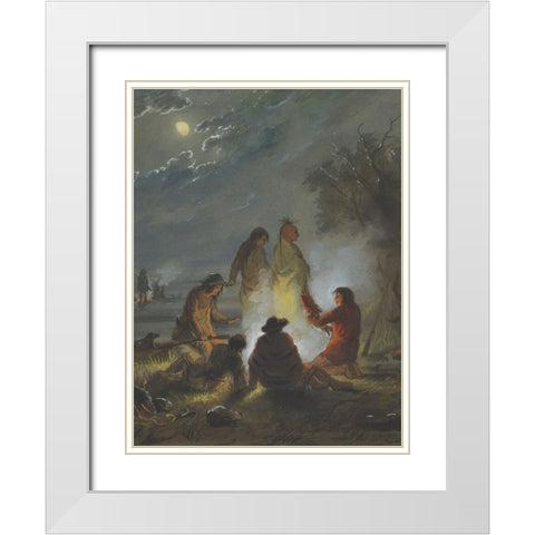 Camp Fire, Preparing the Evening Meal White Modern Wood Framed Art Print with Double Matting by Miller, Alfred Jacob