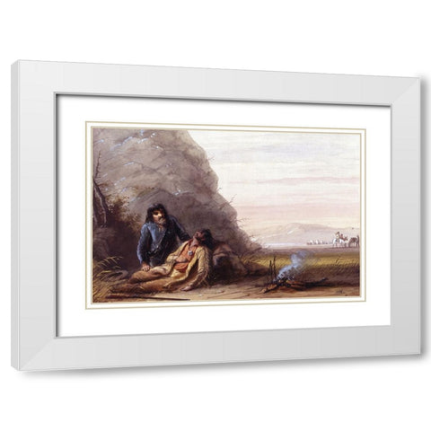 Free Trappers in Trouble White Modern Wood Framed Art Print with Double Matting by Miller, Alfred Jacob