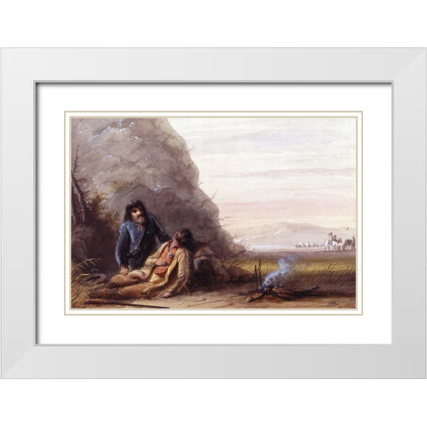Free Trappers in Trouble White Modern Wood Framed Art Print with Double Matting by Miller, Alfred Jacob