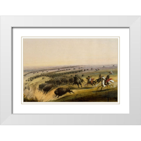 Hunting Buffalo White Modern Wood Framed Art Print with Double Matting by Miller, Alfred Jacob