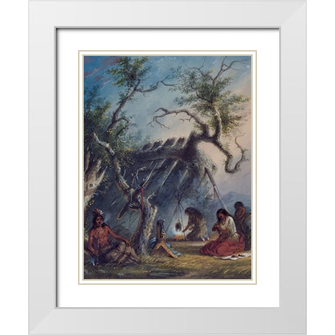 Indian Lodge White Modern Wood Framed Art Print with Double Matting by Miller, Alfred Jacob