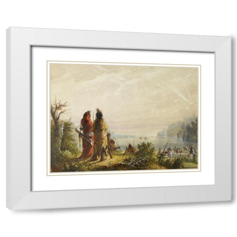 Indians Threatining to Attack Fur Boats White Modern Wood Framed Art Print with Double Matting by Miller, Alfred Jacob
