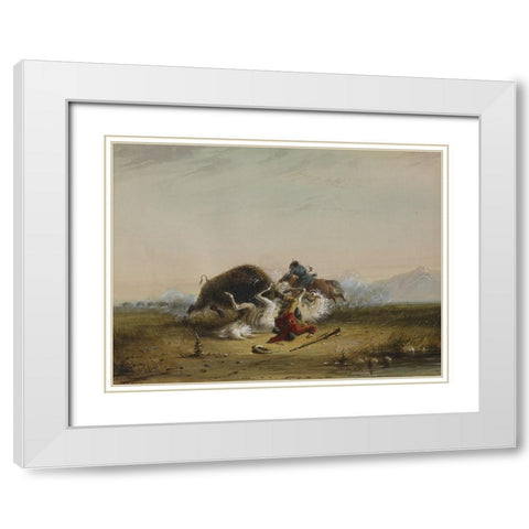 Pierre and the Buffalo White Modern Wood Framed Art Print with Double Matting by Miller, Alfred Jacob