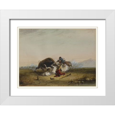 Pierre and the Buffalo White Modern Wood Framed Art Print with Double Matting by Miller, Alfred Jacob