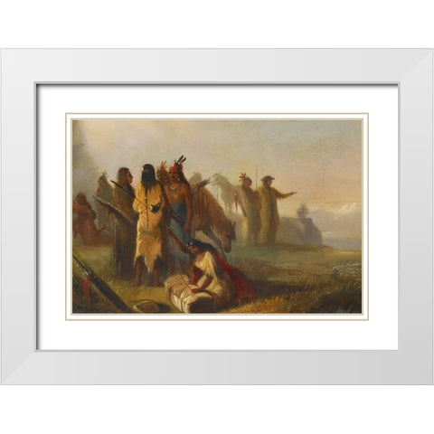 Scene of Trappers and Indians White Modern Wood Framed Art Print with Double Matting by Miller, Alfred Jacob