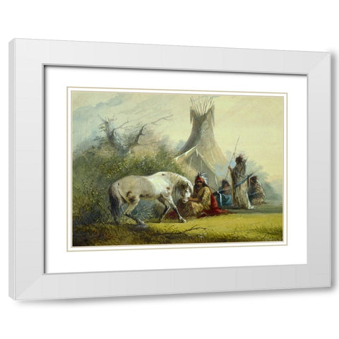 Shoshone Indian and his Pet Horse White Modern Wood Framed Art Print with Double Matting by Miller, Alfred Jacob