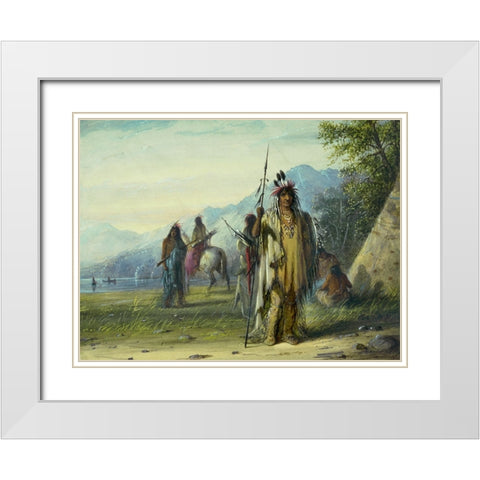 Snake Indian Camp White Modern Wood Framed Art Print with Double Matting by Miller, Alfred Jacob