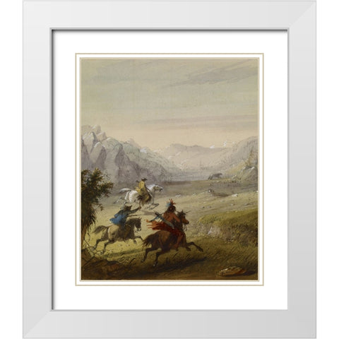 The Grizzly Bear Hunt White Modern Wood Framed Art Print with Double Matting by Miller, Alfred Jacob