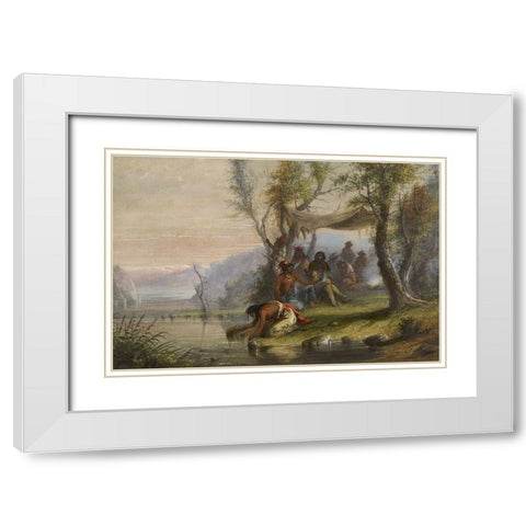 Visit to an Indian Camp White Modern Wood Framed Art Print with Double Matting by Miller, Alfred Jacob