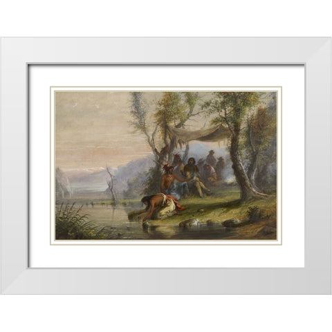 Visit to an Indian Camp White Modern Wood Framed Art Print with Double Matting by Miller, Alfred Jacob