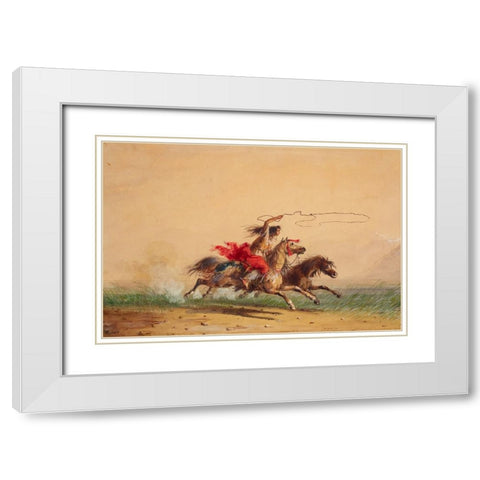 Lassoing Wild Horses White Modern Wood Framed Art Print with Double Matting by Miller, Alfred Jacob
