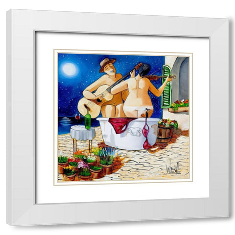 Musicians Bathing White Modern Wood Framed Art Print with Double Matting by West, Ronald