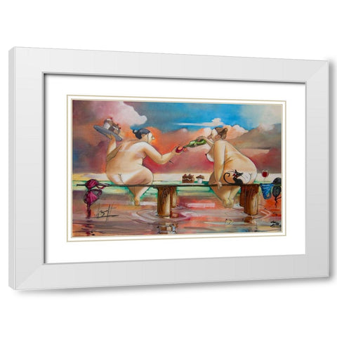 Wine and Cake on Jetty White Modern Wood Framed Art Print with Double Matting by West, Ronald