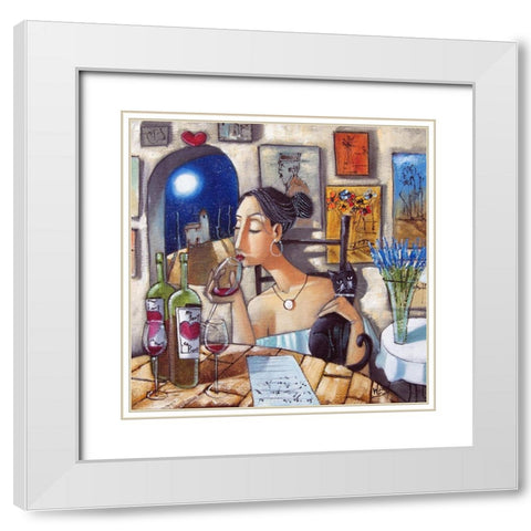 Lady and Cat II White Modern Wood Framed Art Print with Double Matting by West, Ronald