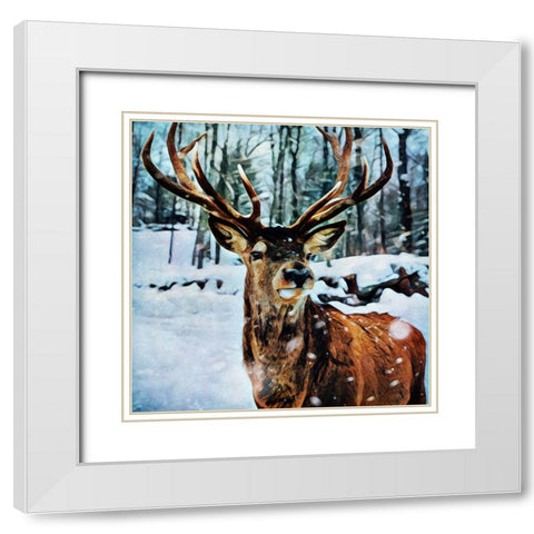 A Little Snow Here Reindeer White Modern Wood Framed Art Print with Double Matting by Aldridge, Ashley