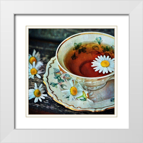 Daisy Teacup and Saucer White Modern Wood Framed Art Print with Double Matting by Aldridge, Ashley