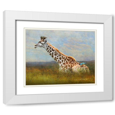Giraffe and Starling White Modern Wood Framed Art Print with Double Matting by Vest, Christopher