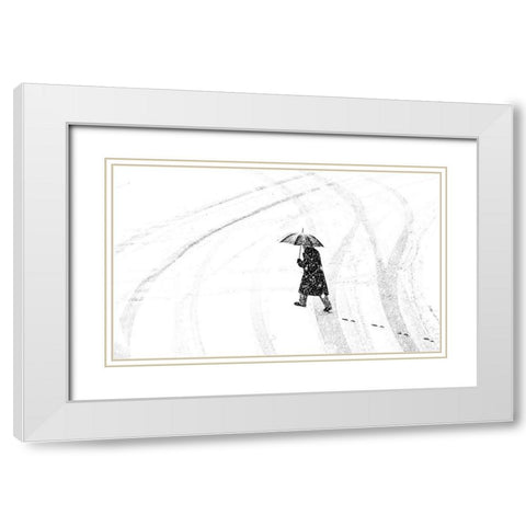 Man with umbrella White Modern Wood Framed Art Print with Double Matting by Ohlendorf, Anette