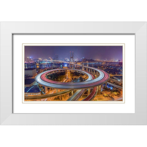 The Nanpu Bridge White Modern Wood Framed Art Print with Double Matting by Chen, Barry