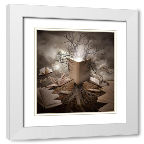 Old Tree Reading Story Book White Modern Wood Framed Art Print with Double Matting by Waye, Angela