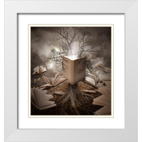 Old Tree Reading Story Book White Modern Wood Framed Art Print with Double Matting by Waye, Angela