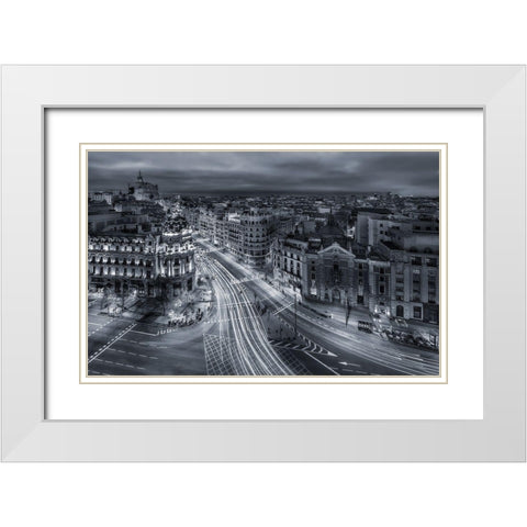 Madrid City Lights White Modern Wood Framed Art Print with Double Matting by De La, Javier