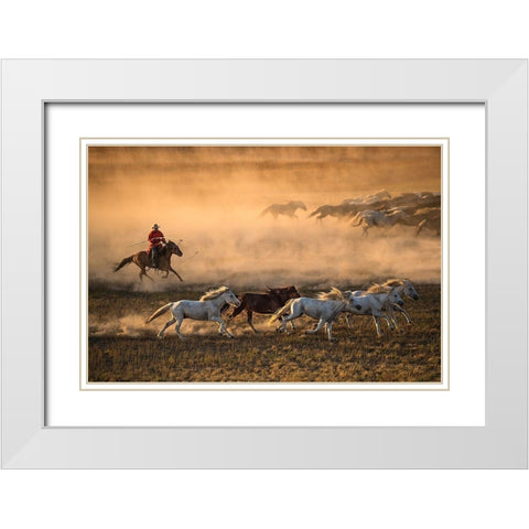 Mongolia Horses White Modern Wood Framed Art Print with Double Matting by Zhang, Libby