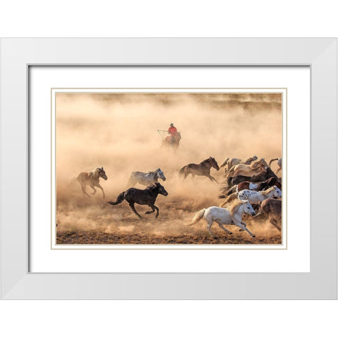 Horse Run White Modern Wood Framed Art Print with Double Matting by Wong, Adam