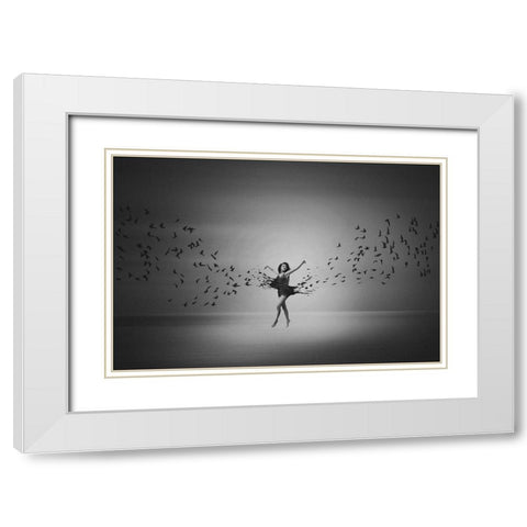 Ballerina flight of Birds White Modern Wood Framed Art Print with Double Matting by Biwit, Mark