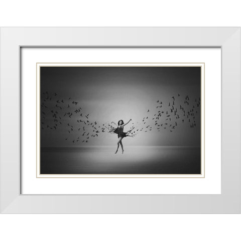 Ballerina flight of Birds White Modern Wood Framed Art Print with Double Matting by Biwit, Mark