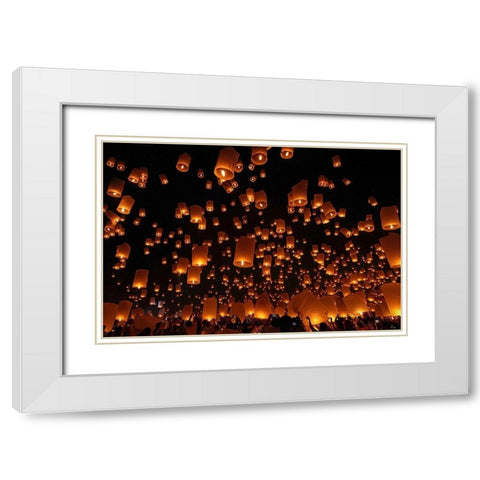 Floating Lanterns White Modern Wood Framed Art Print with Double Matting by Vichaya
