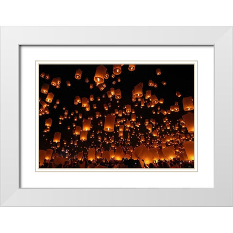 Floating Lanterns White Modern Wood Framed Art Print with Double Matting by Vichaya