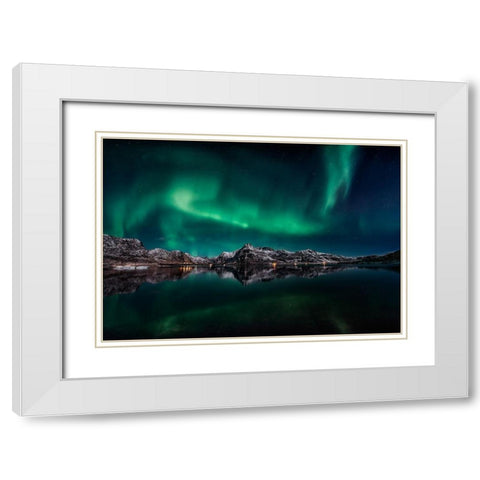Lofoten Aurora Reflection White Modern Wood Framed Art Print with Double Matting by De La, Javier